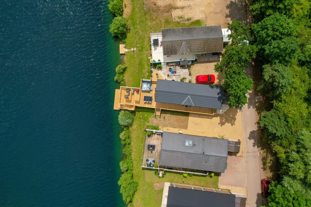 Overhead view of the lodge and lakeside